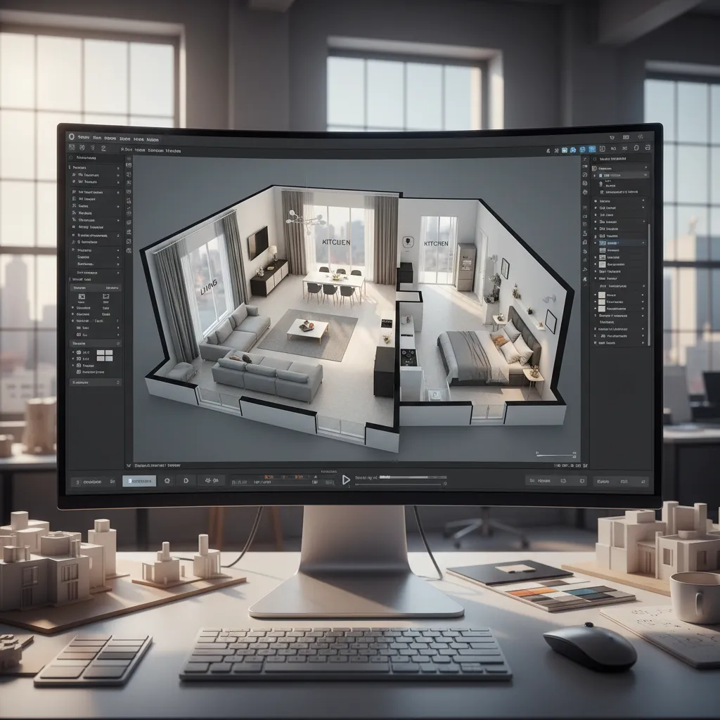 Pantalla mostrando plano 3D de apartamento en software de diseño