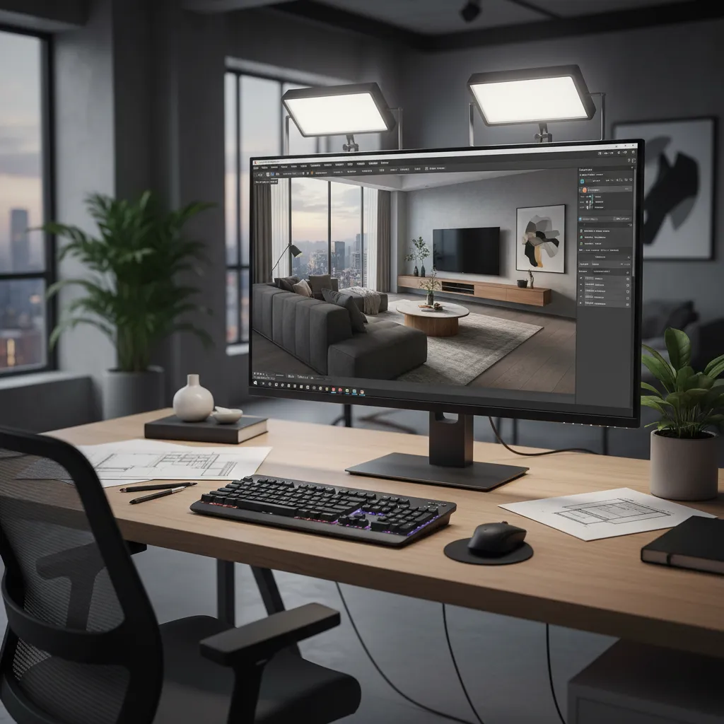 Pantalla mostrando software de modelado 3D para diseño de interiores