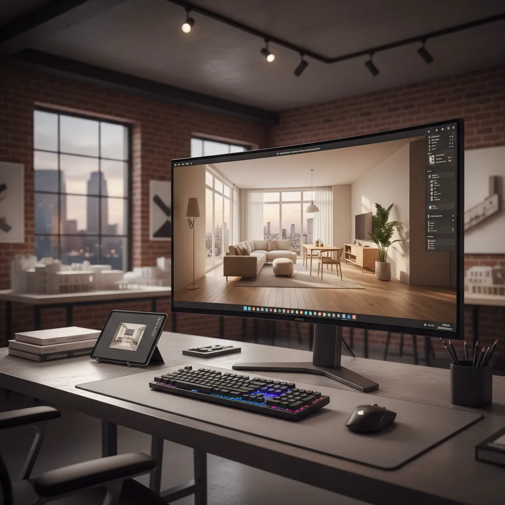 Pantalla de ordenador mostrando un diseño interior en 3D de una vivienda