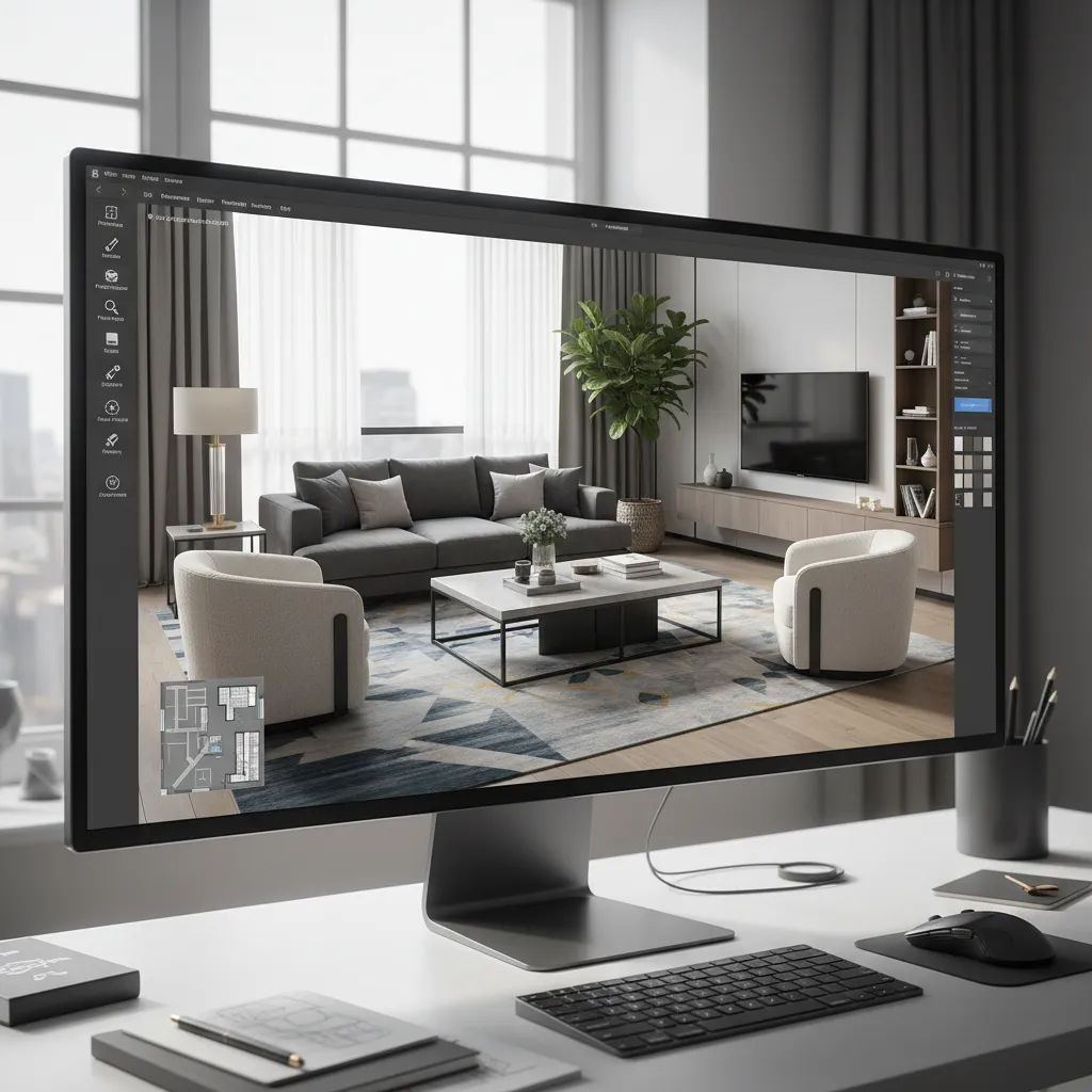 Pantalla mostrando un modelo 3D de un salón diseñado con software