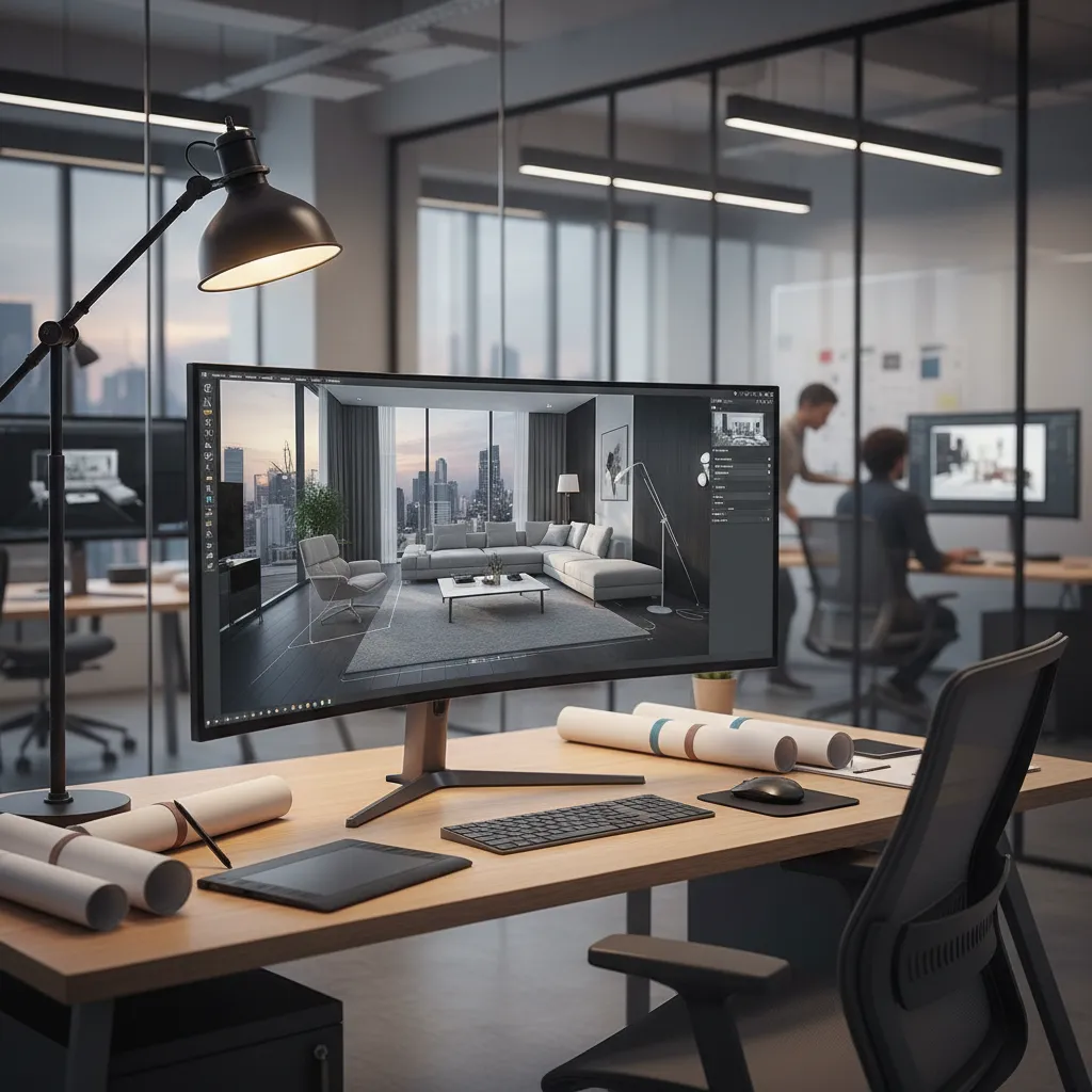 Pantalla de ordenador mostrando diseño interior en 3D