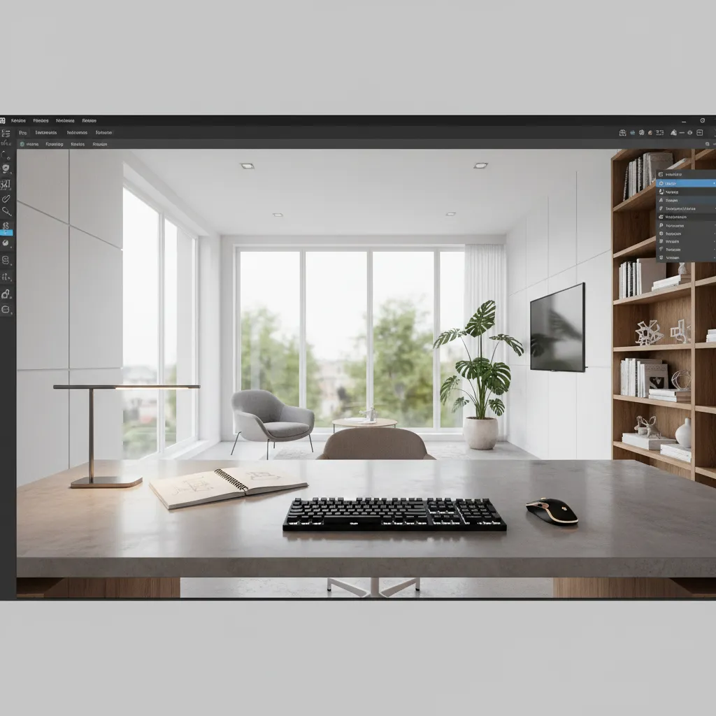Coohom software interface showing a modern home office with a desk keyboard mouse and windows