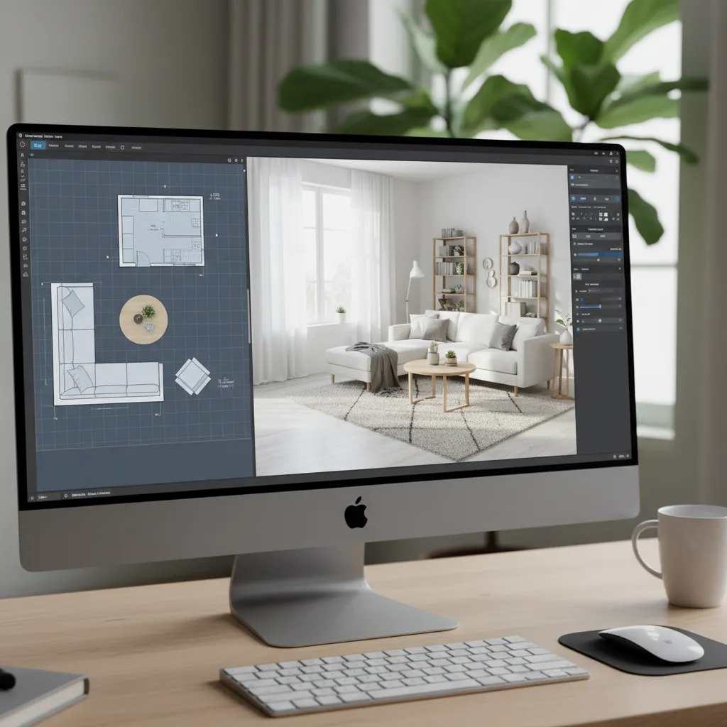 Interfaz de software de diseño interior mostrando plano y vista 3D de una sala