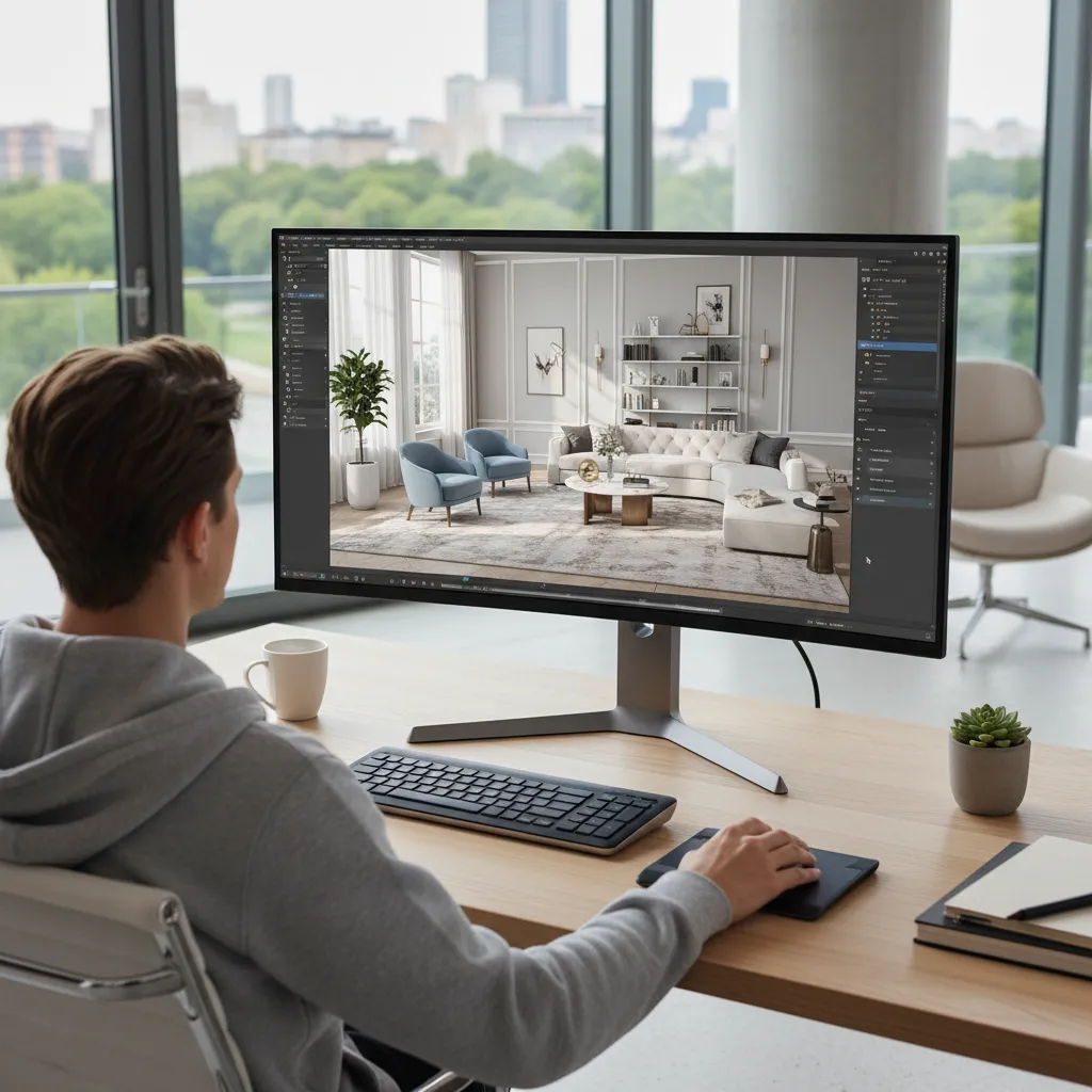 Pantalla mostrando un software de diseño de interiores con modelo 3D de un salón