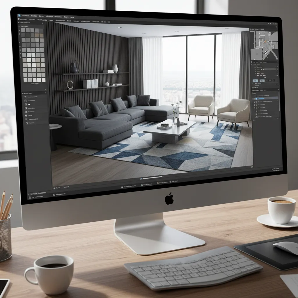 Pantalla mostrando un proyecto de diseño interior en 3D