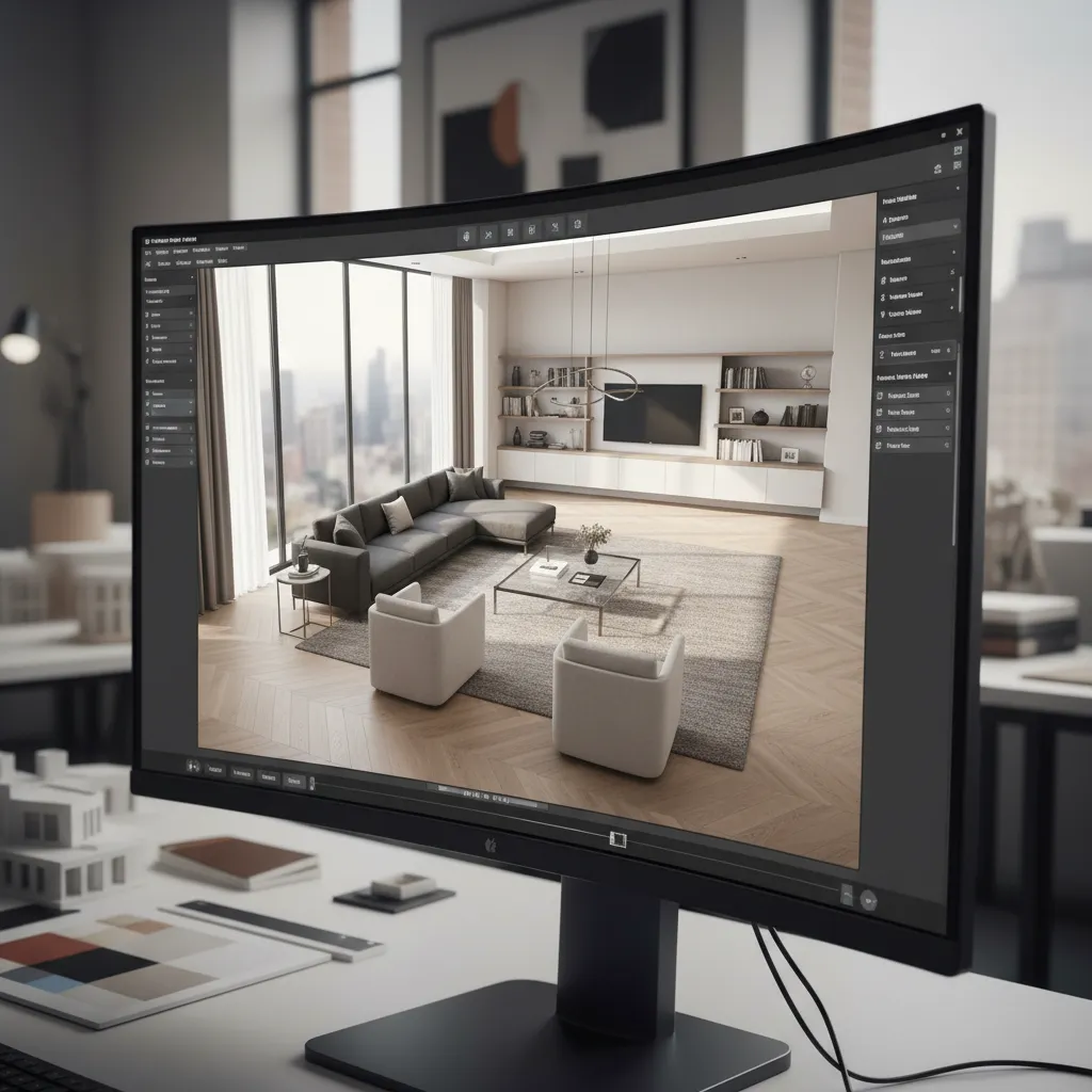 Curved monitor showing interior design software with a modern living room including a grey sofa