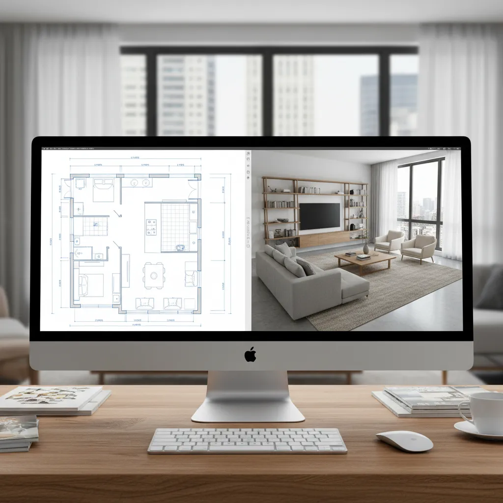 Pantalla mostrando un programa de diseño de interiores con plano y vista 3D