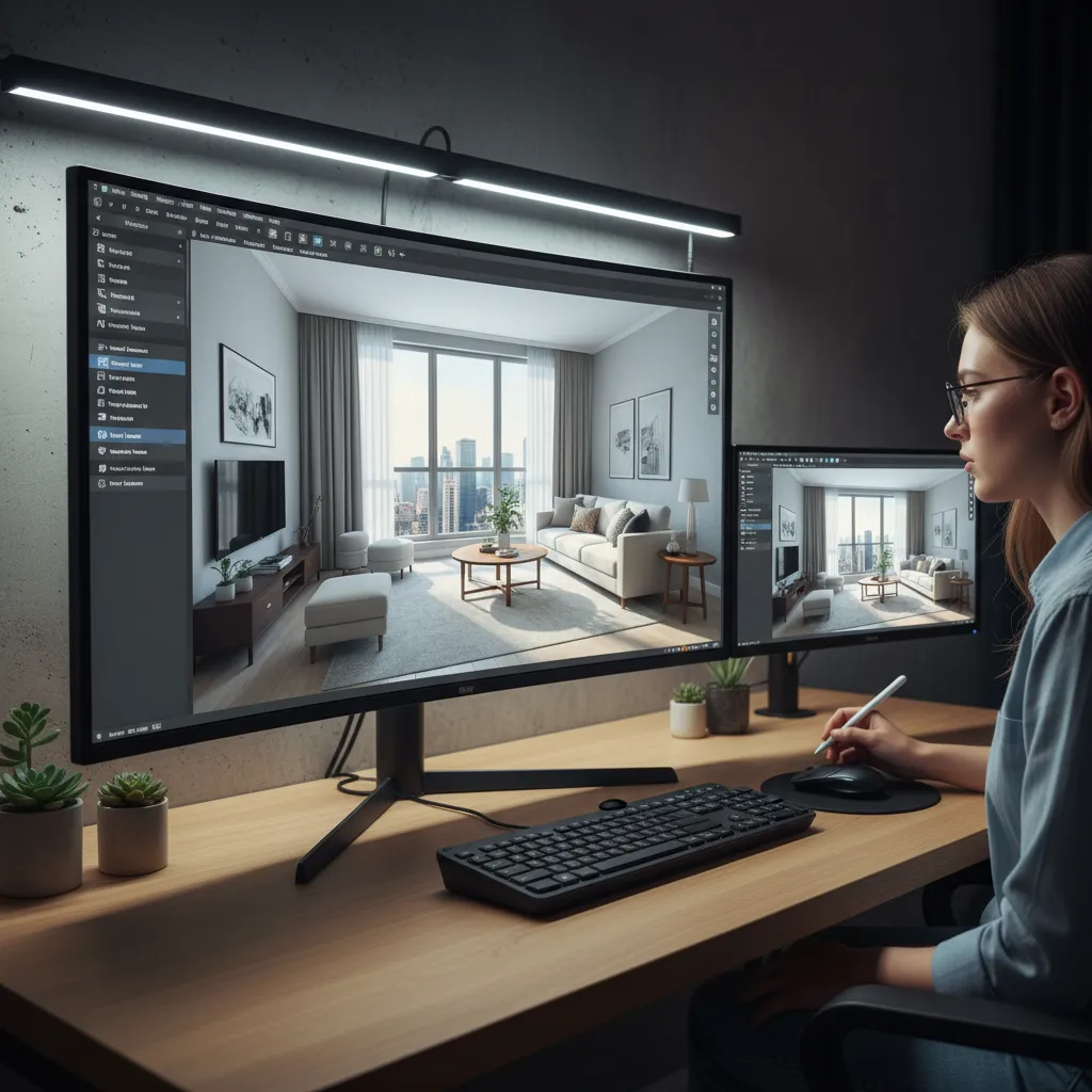 Pantalla con software de diseño de interiores en 3D mostrando un apartamento