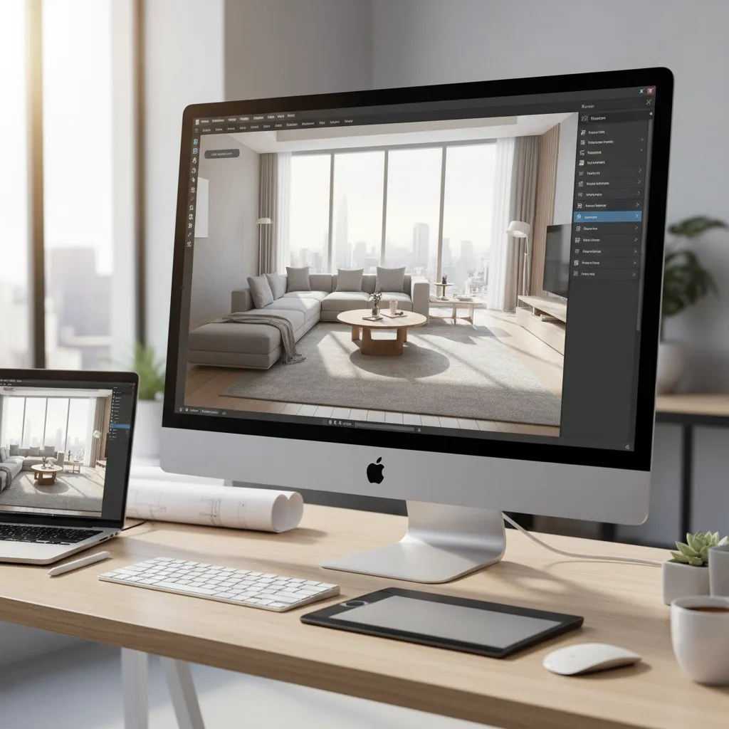Pantalla mostrando diseño de salón en software 3D de interiorismo