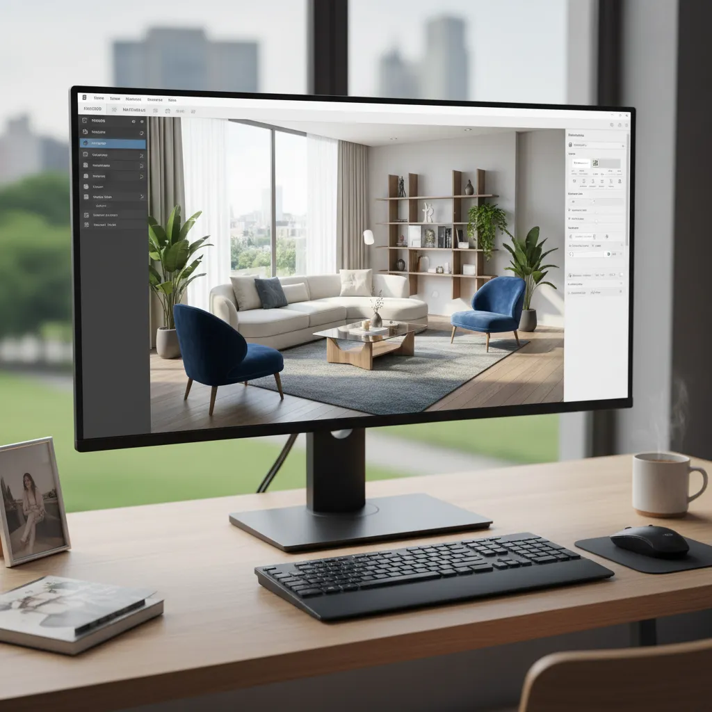 Pantalla mostrando un diseño interior en 3D con muebles y distribución del salón