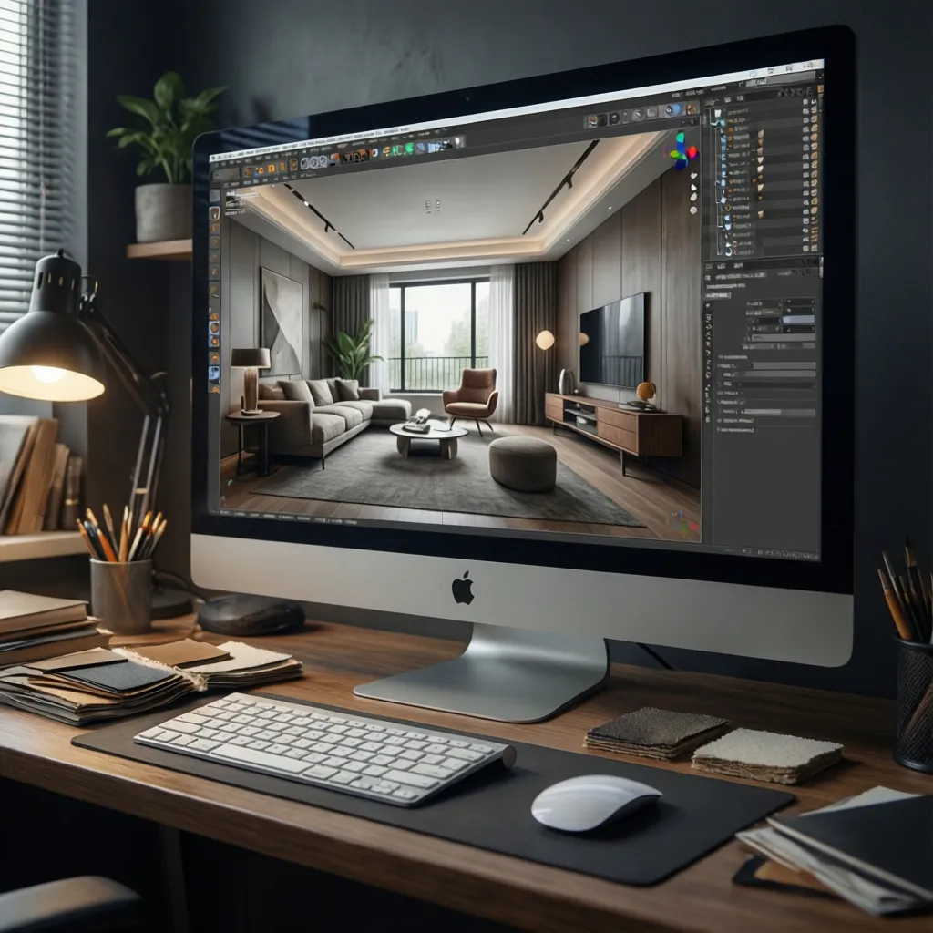 Pantalla de ordenador mostrando un proyecto de interiorismo en 3D
