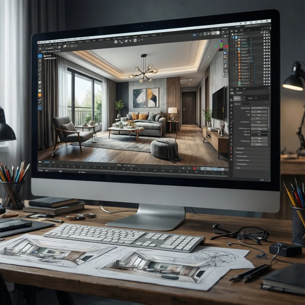 Computer monitor showing a living room interior design drawing with sketches and keyboard on a desk