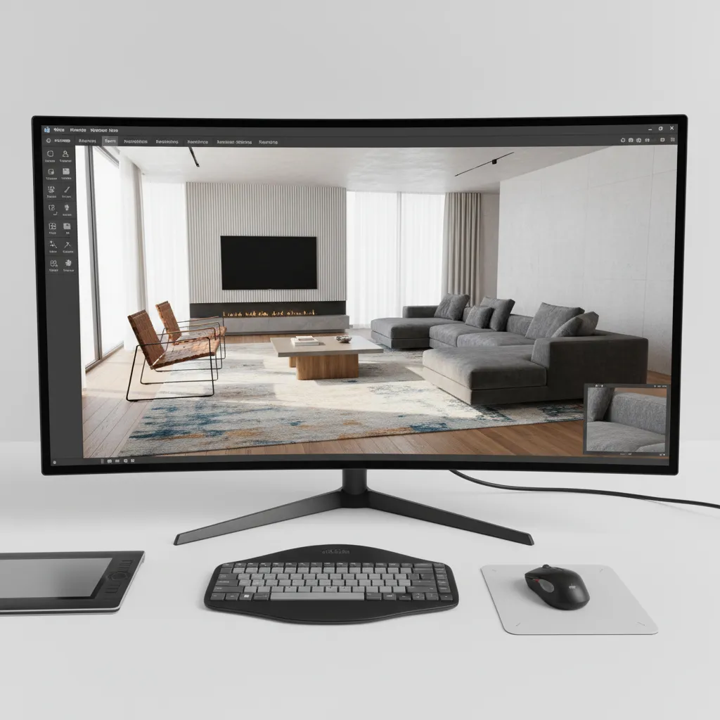 Modelo 3D de salón moderno visualizado en software de diseño