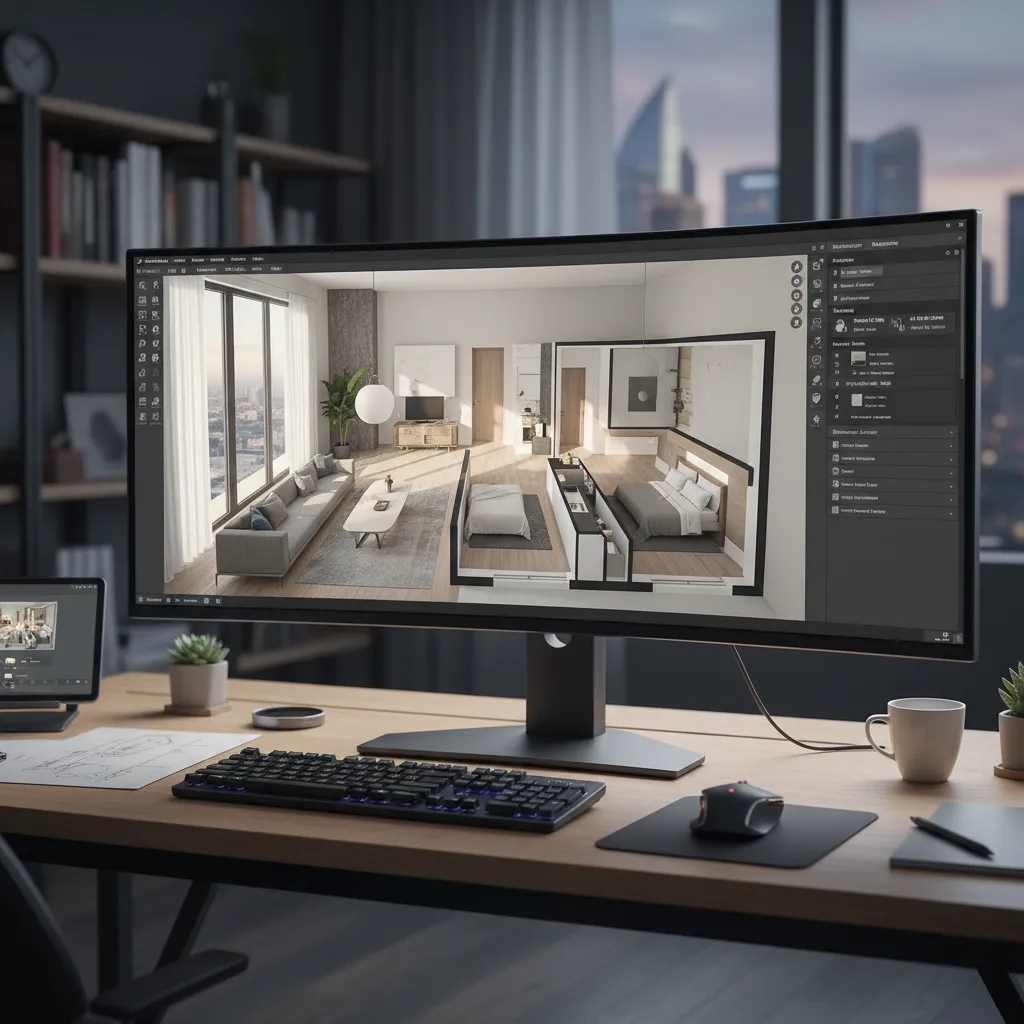 Curved monitor showing 3D interior design software with living room and bedroom layouts on desk