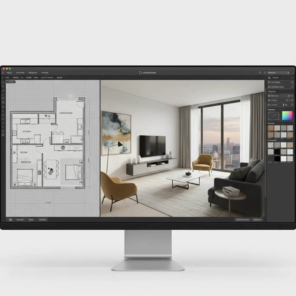 Software de diseño de interiores mostrando plano y vista 3D de una sala