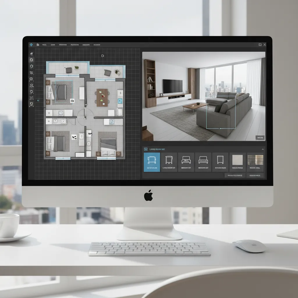 Interfaz de software de diseño interior mostrando plano 2D y vista 3D