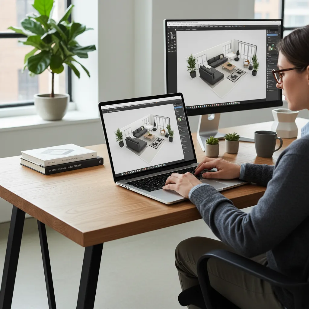Diseñador utilizando software de diseño interior en 3D