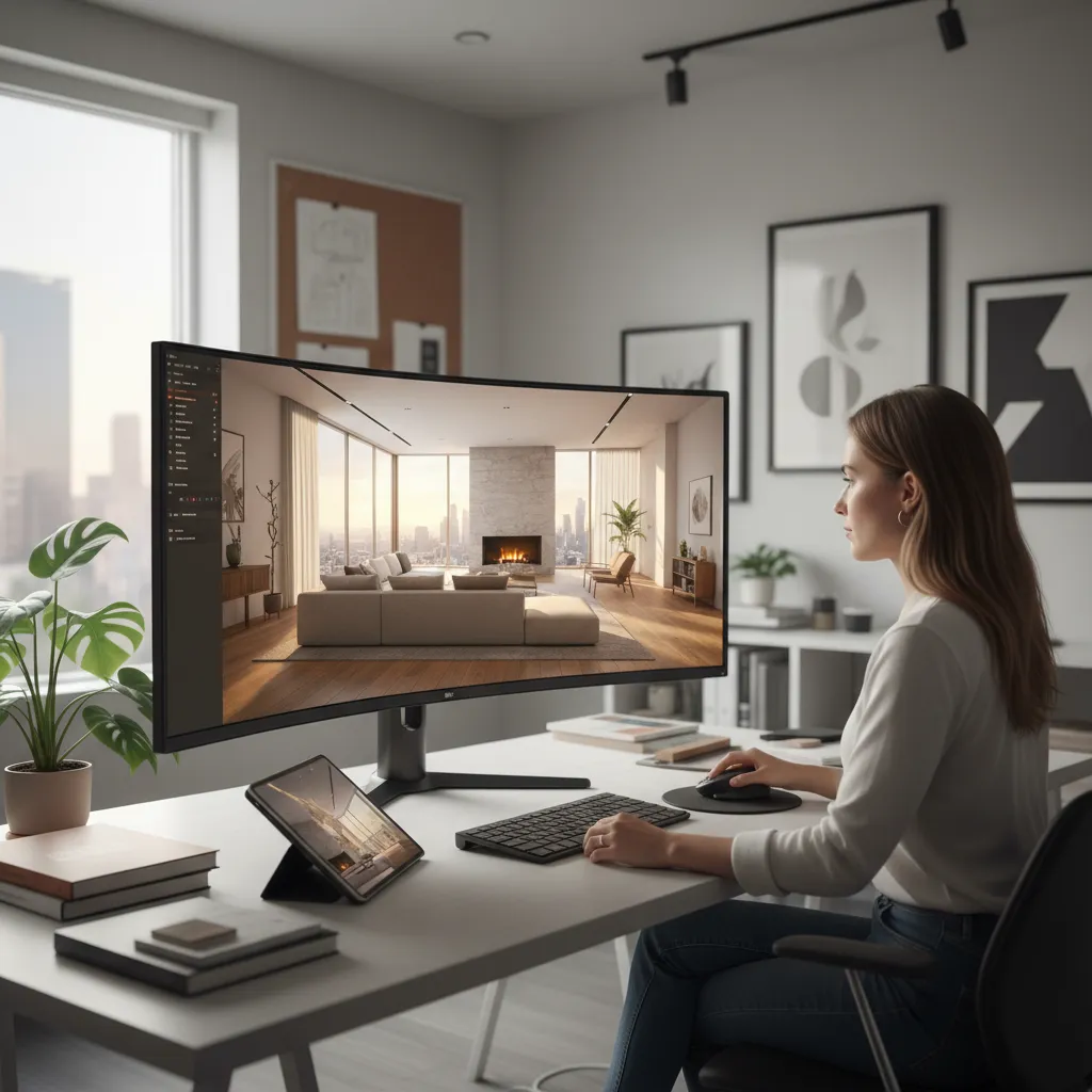 diseñador creando visualización 3D de un interior moderno