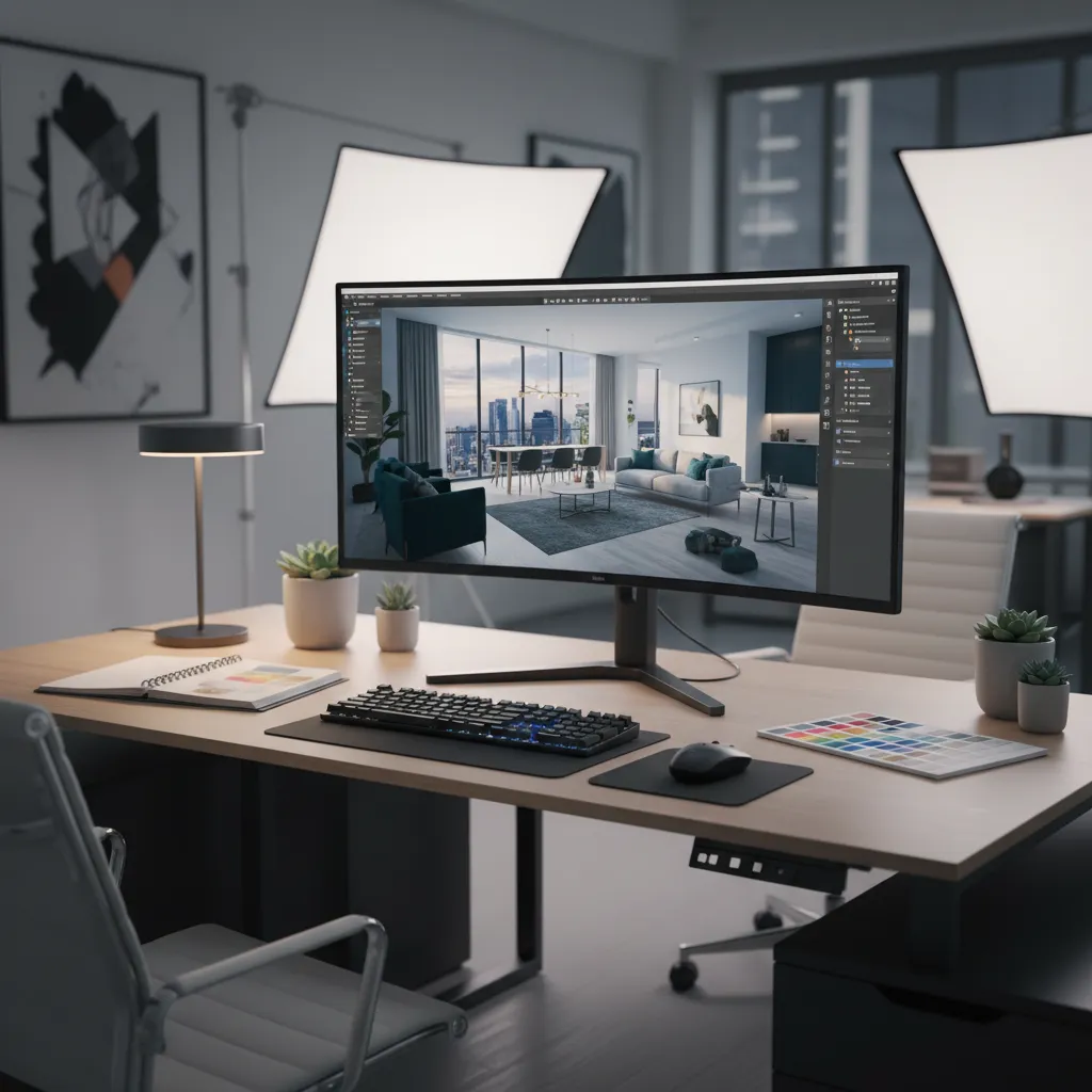Computer screen displaying 3D interior design drawing on a desk with keyboard mouse and colors