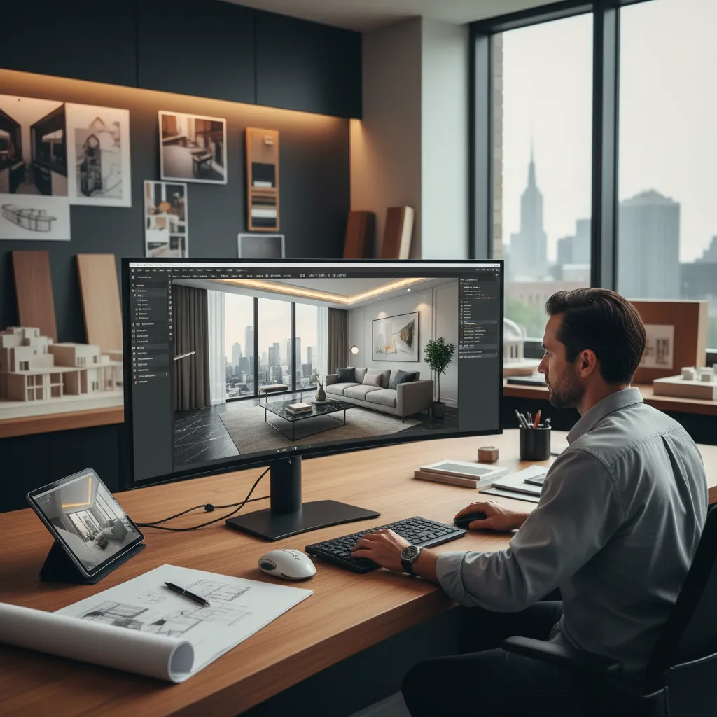 Designer using software to create an interior design drawing of a modern living room layout
