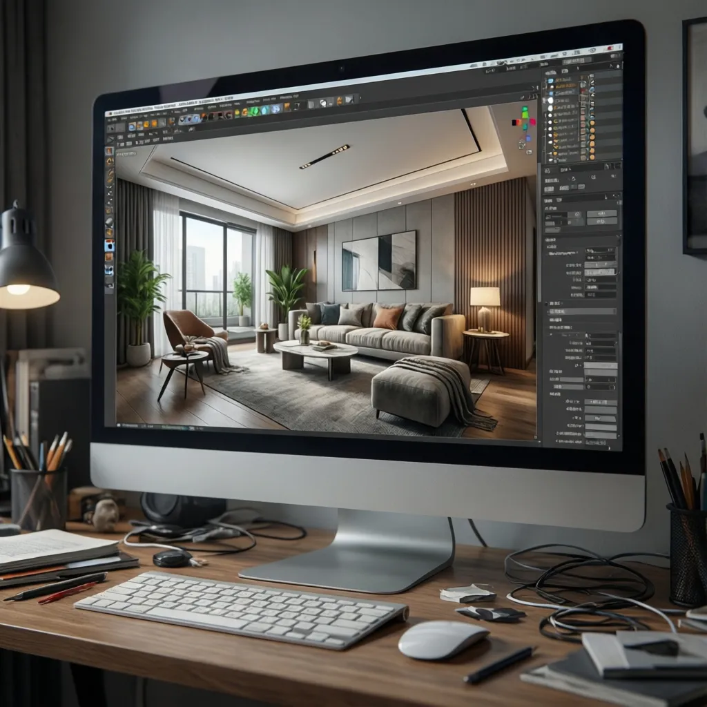 Pantalla mostrando un modelo 3D detallado de un salón moderno