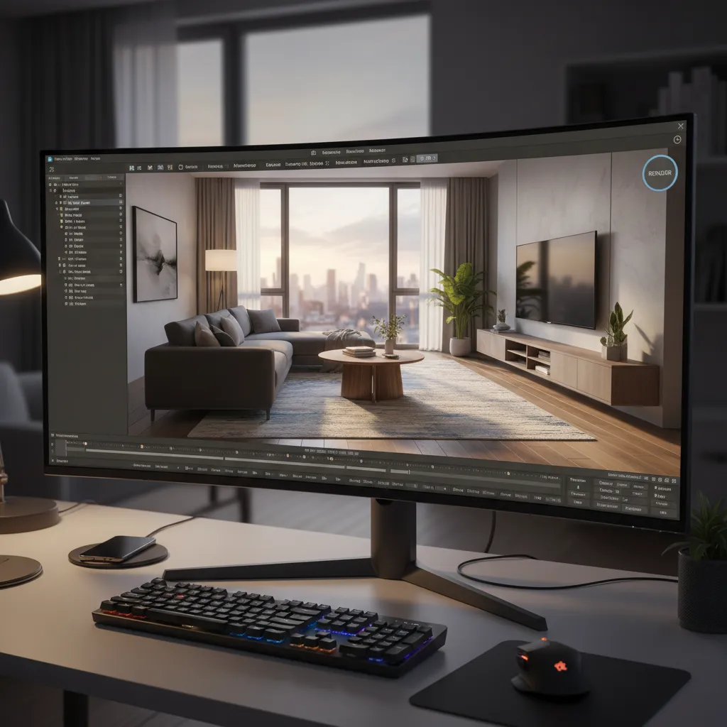 Pantalla mostrando un modelo 3D de diseño interior de un apartamento