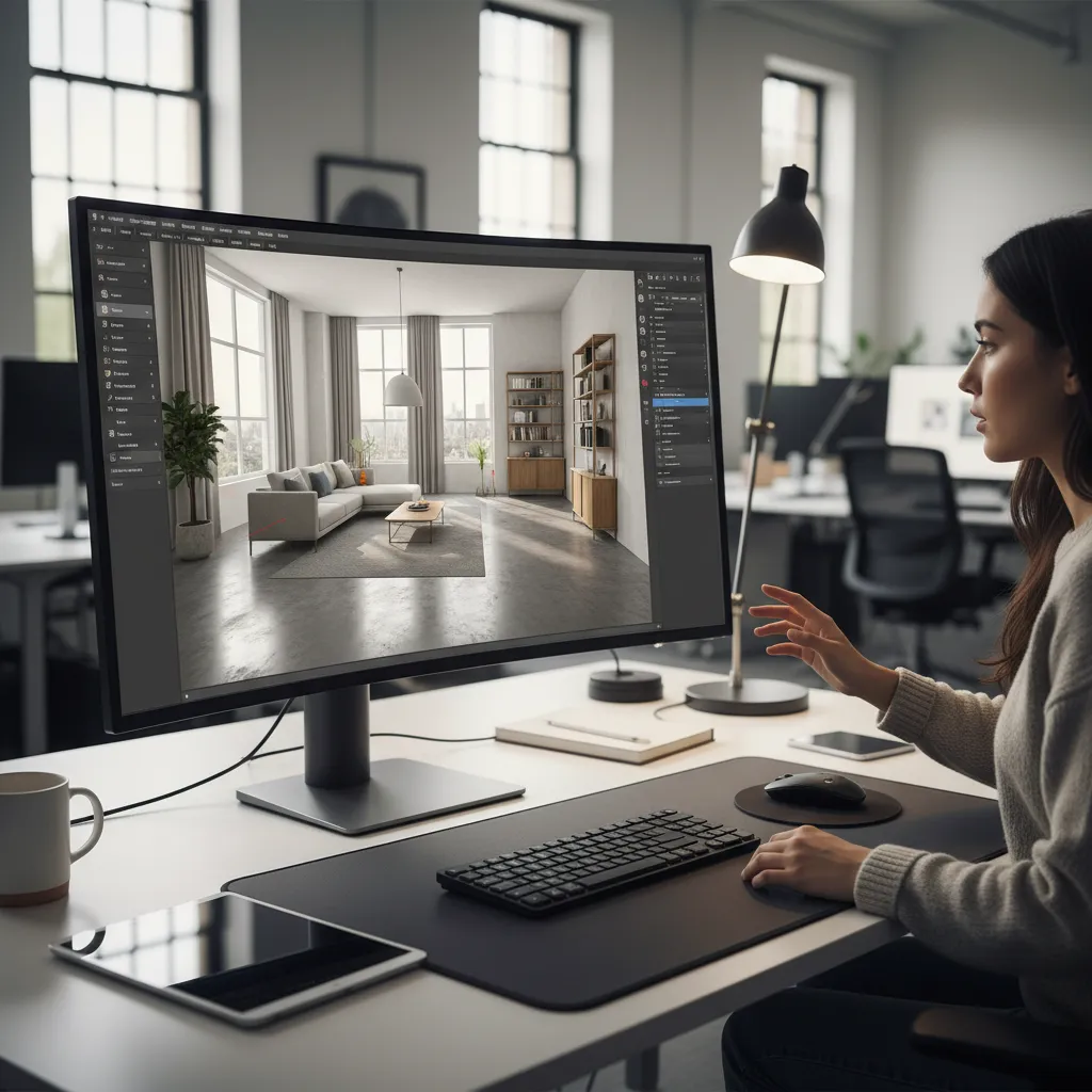 pantalla mostrando plano 3D de vivienda para proyecto de interiorismo