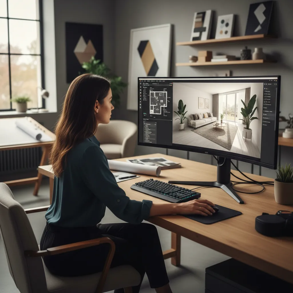 Coohom interior design software displaying a 3D room view and a 2D floor plan layout