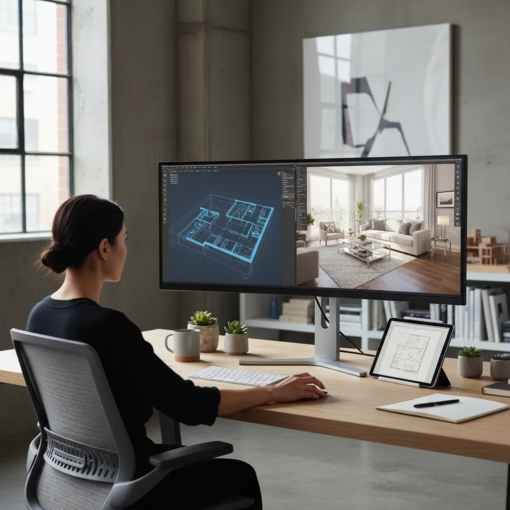 Diseñador trabajando en un software de modelado 3D para interiores