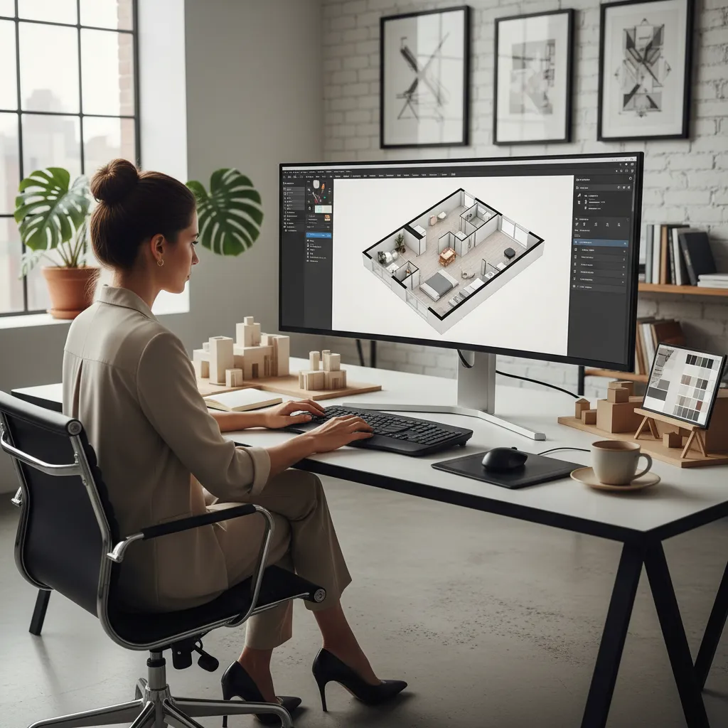 Diseñador creando un plano de interior en software 3D
