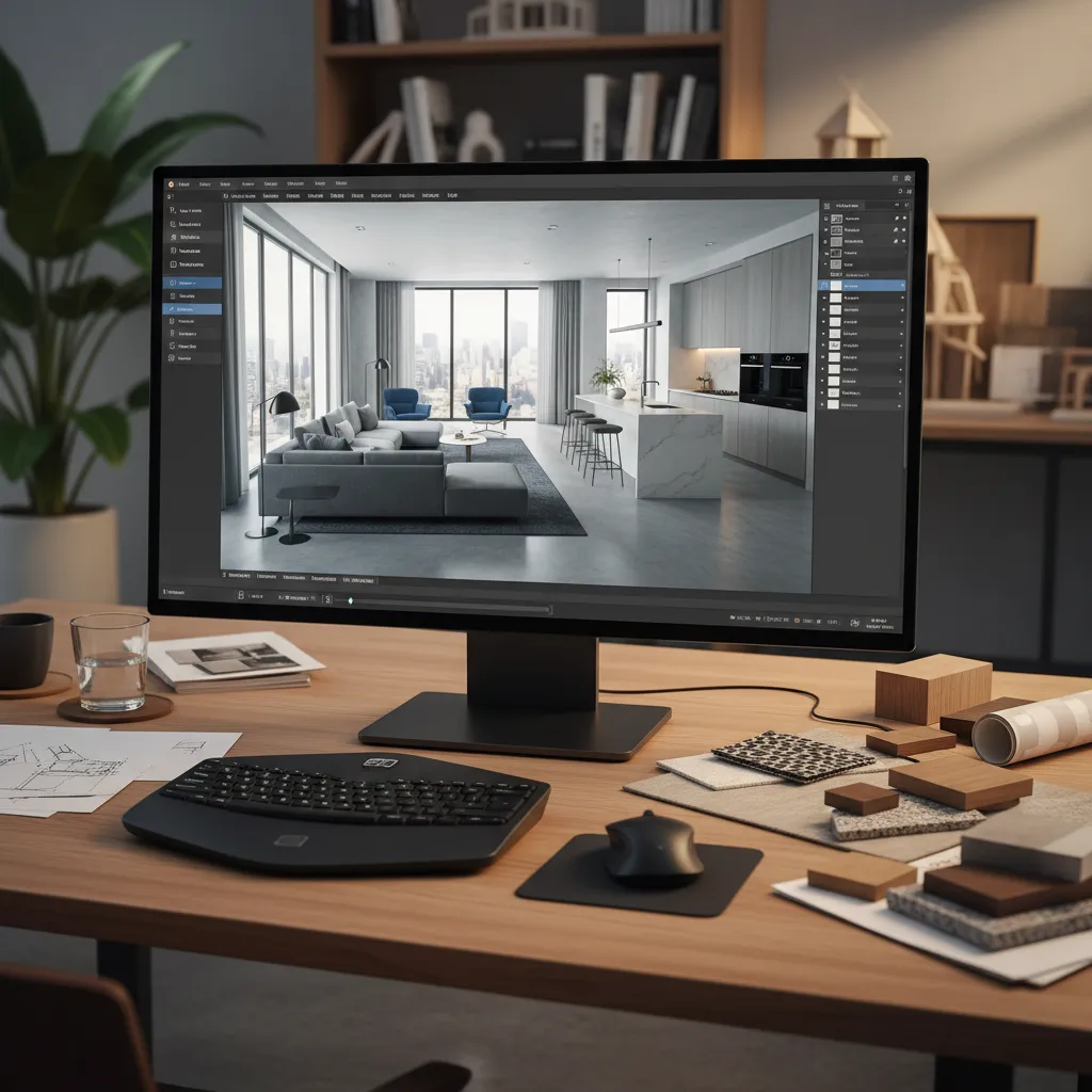 Pantalla mostrando un modelo 3D de diseño de interiores en una computadora