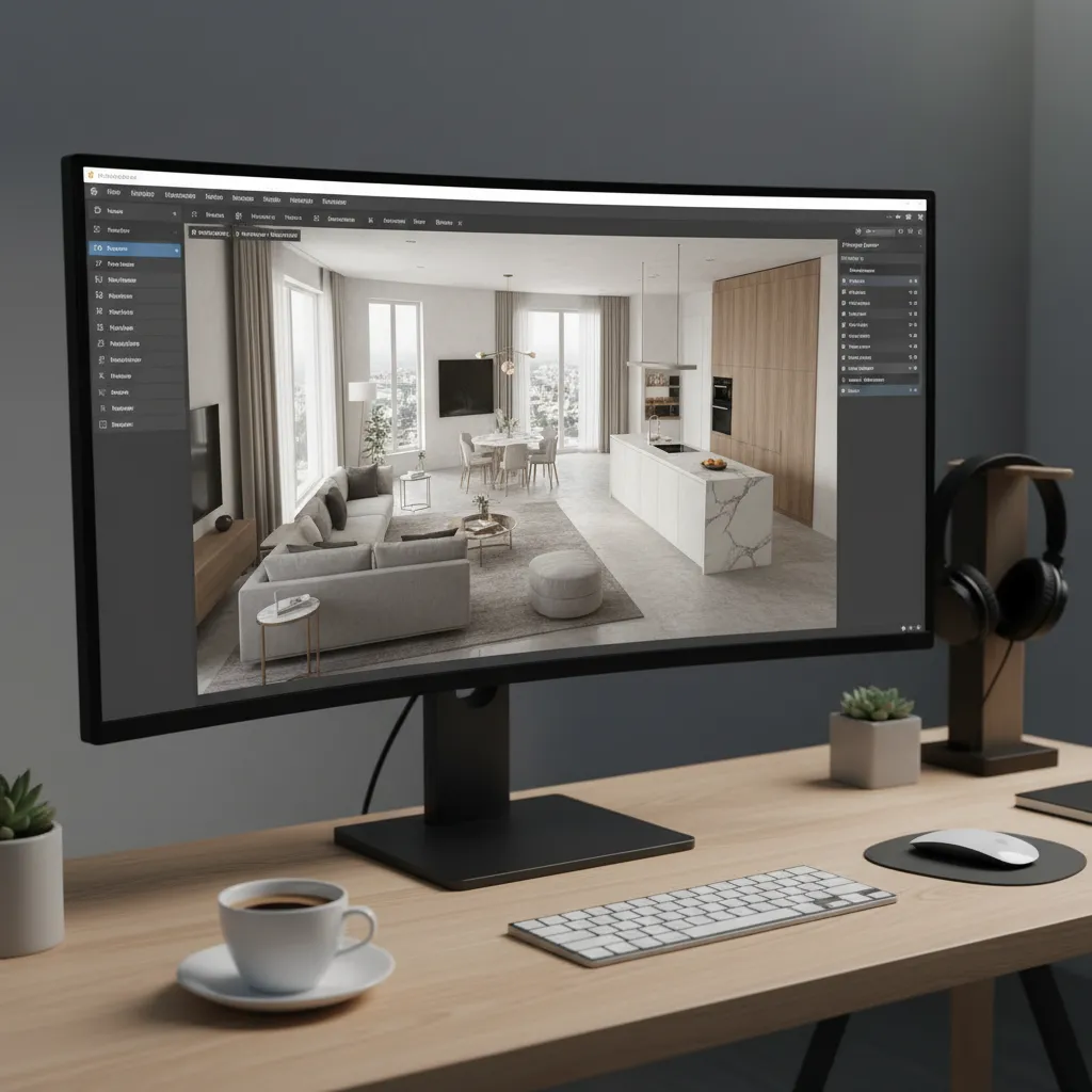 Coohom 3D design software showing a living room layout on a wide desktop computer monitor