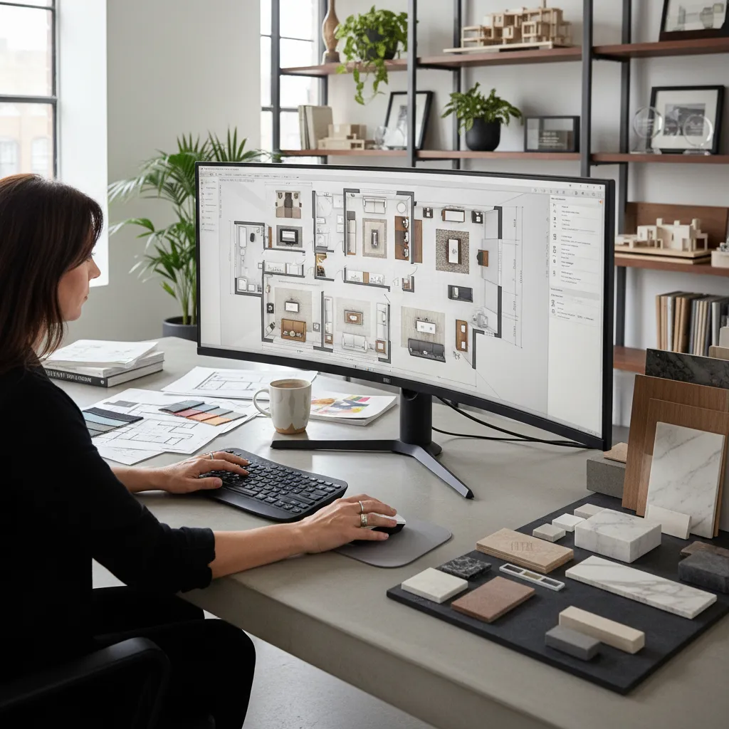 Diseñador trabajando con software 3D para planificar un espacio interior
