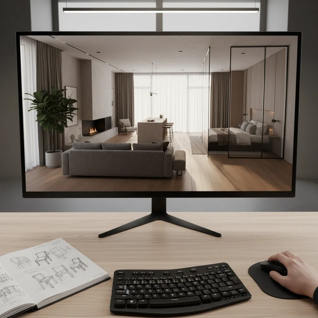 Computer monitor showing a modern interior design drawing of a studio apartment with grey sofa