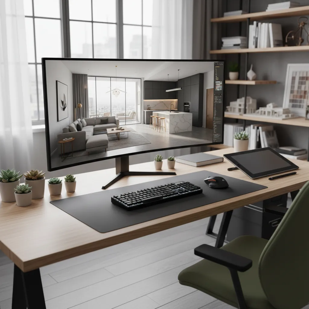 Pantalla de ordenador mostrando un modelo 3D de una vivienda diseñado digitalmente