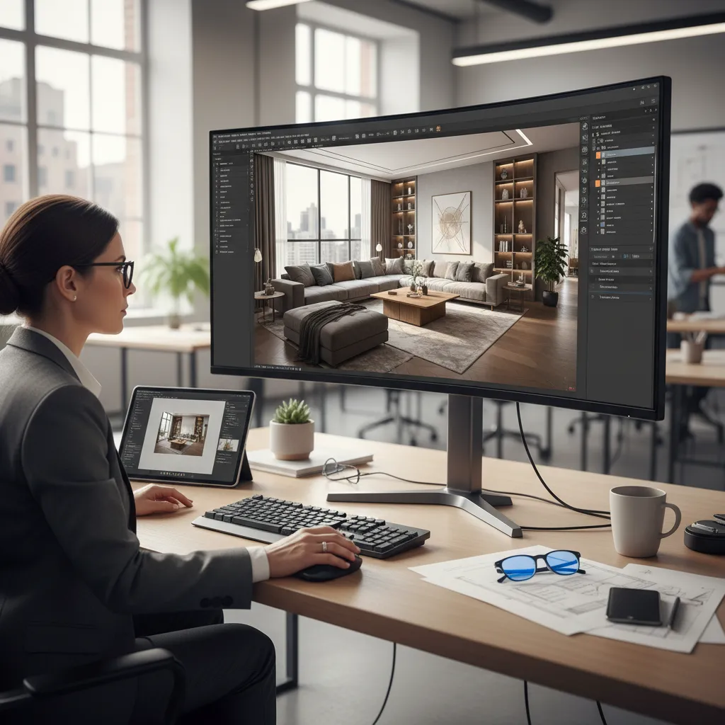 Pantalla de ordenador mostrando un modelo 3D de un apartamento