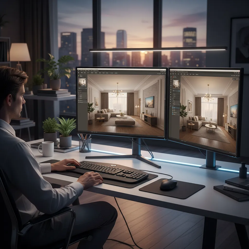 Diseñador utilizando software 3D para planificar un espacio interior