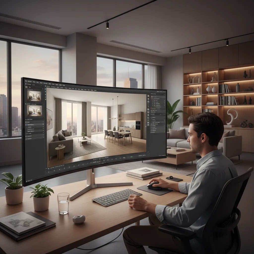 Pantalla con software de modelado 3D para diseño de interiores