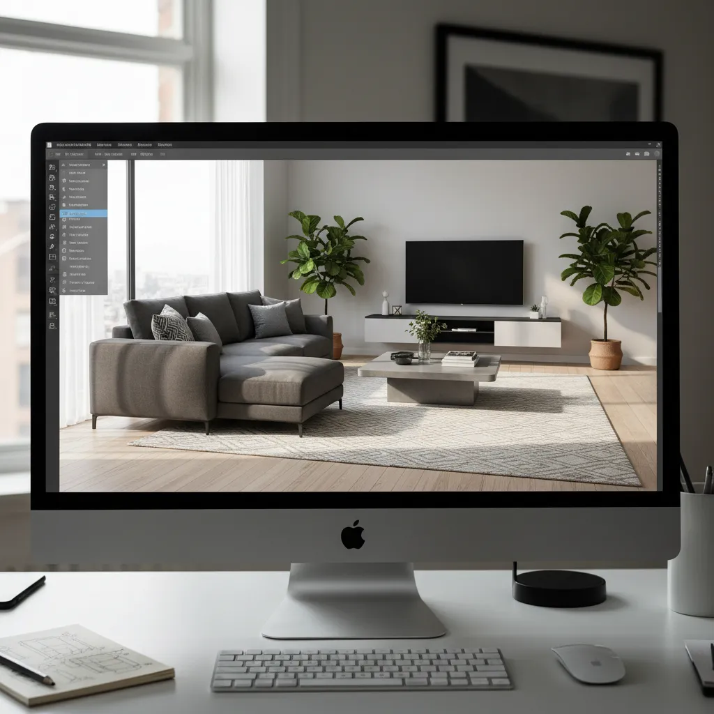 Pantalla mostrando un diseño de salón en 3D con muebles y distribución