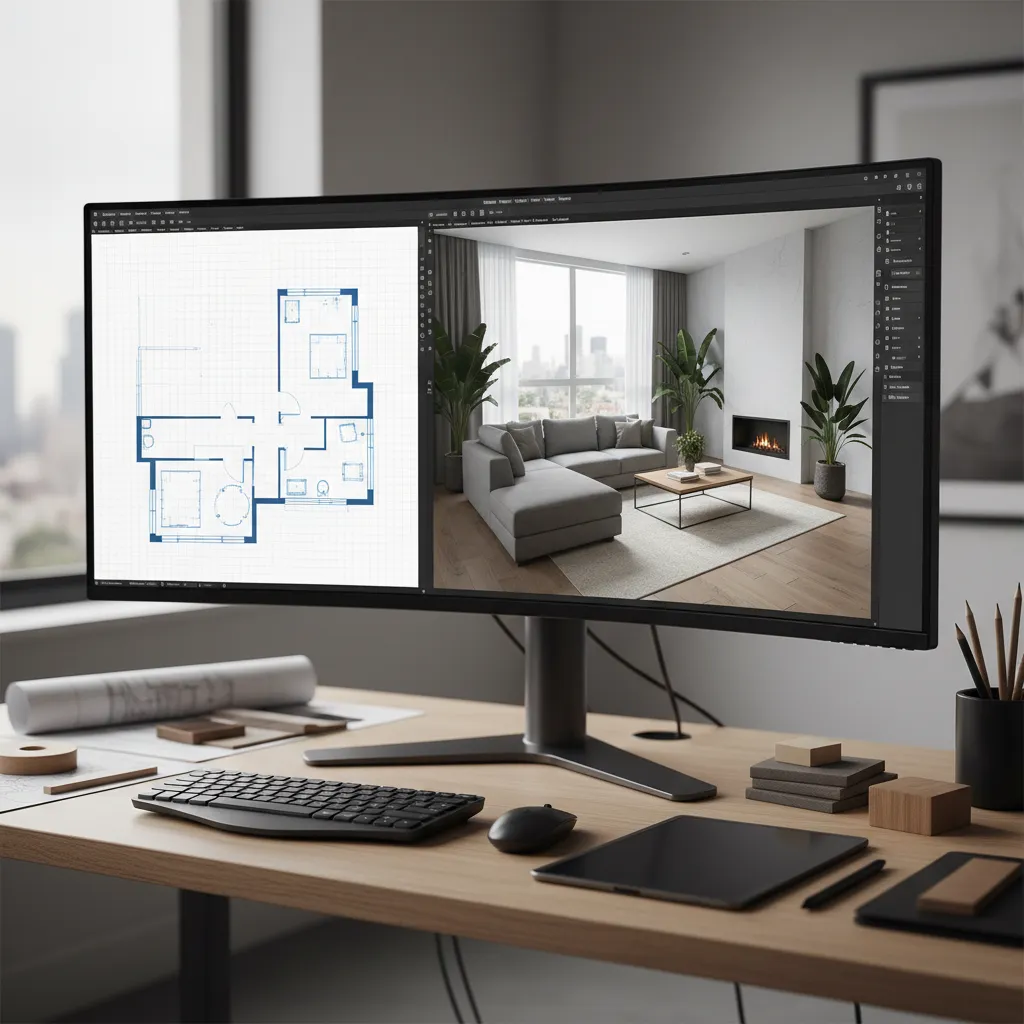 Pantalla mostrando un plano 2D y una vista 3D de un salón diseñado digitalmente