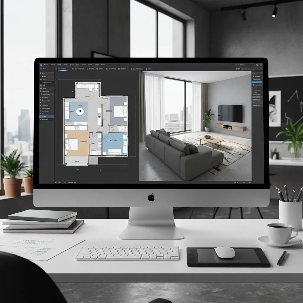 Interfaz de software mostrando plano de habitación y vista 3D