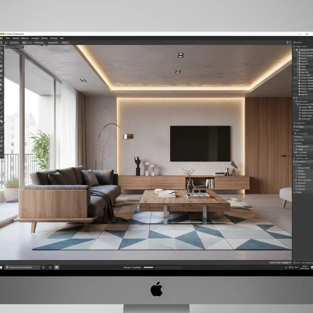 Visualización 3D de una sala moderna creada con software de diseño de interiores