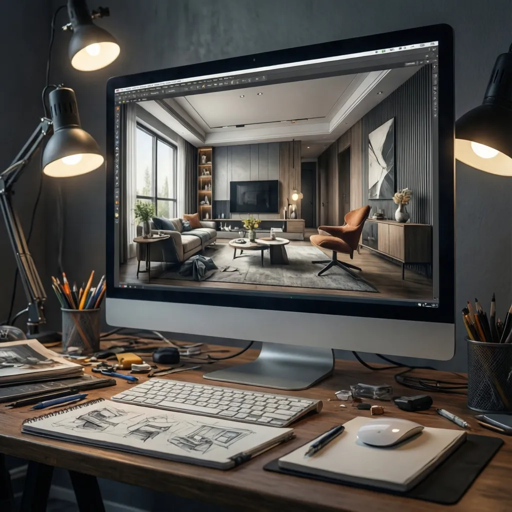 Pantalla mostrando un modelo 3D de un apartamento en proceso de diseño