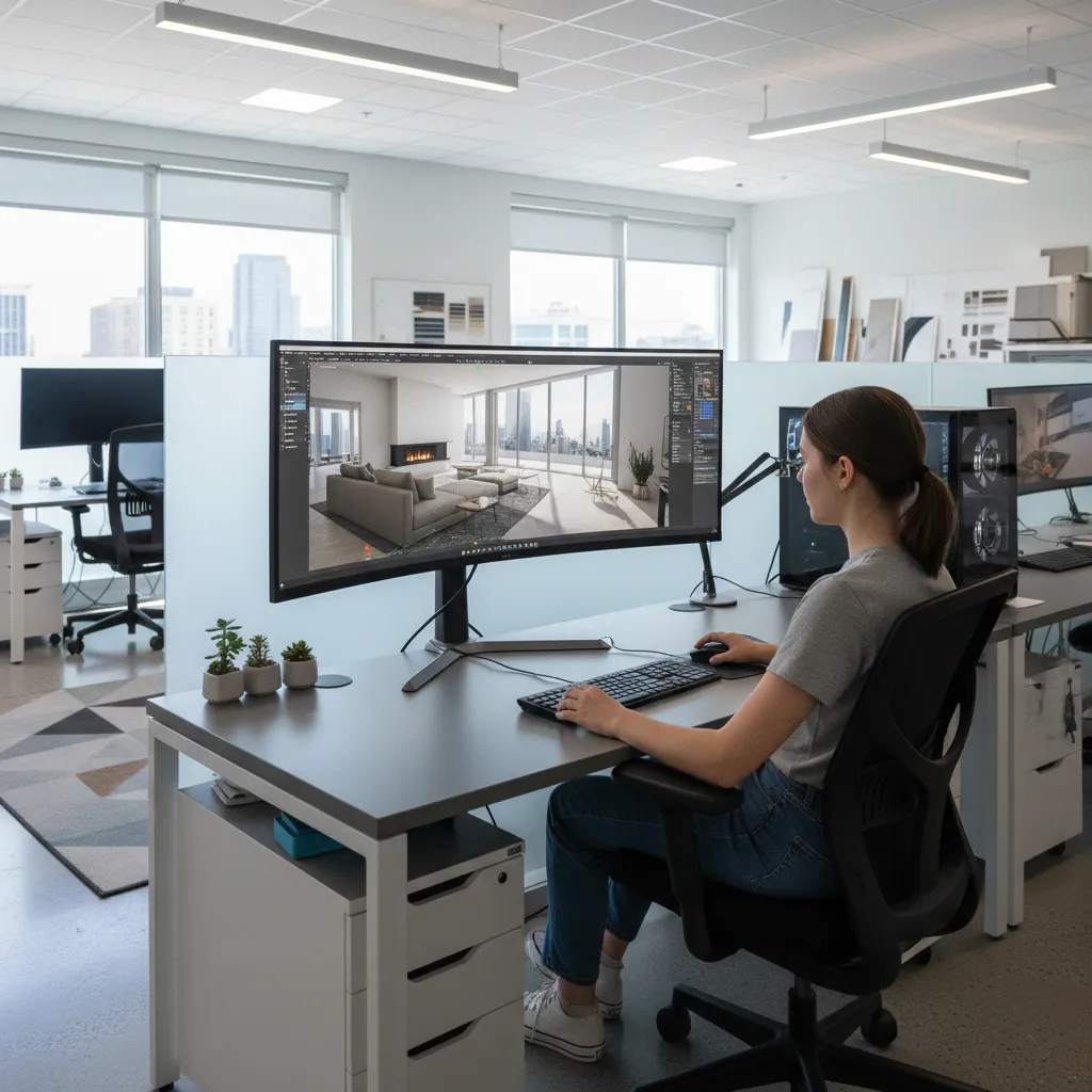 Estudiante utilizando software 3D para diseñar un interior