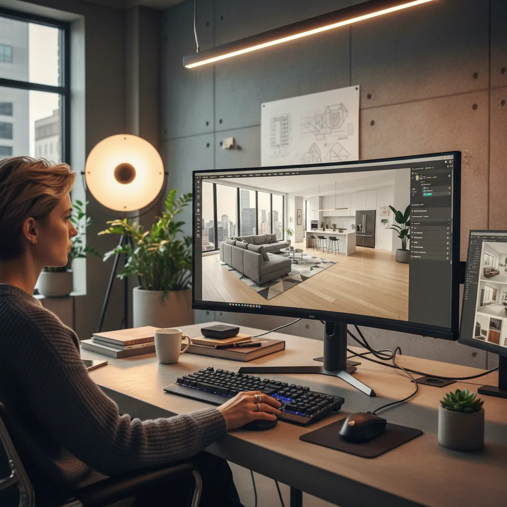 Pantalla con software de diseño interior mostrando un modelo 3D