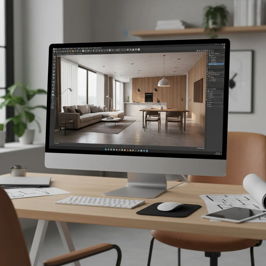 Pantalla de ordenador mostrando un modelo 3D de una vivienda