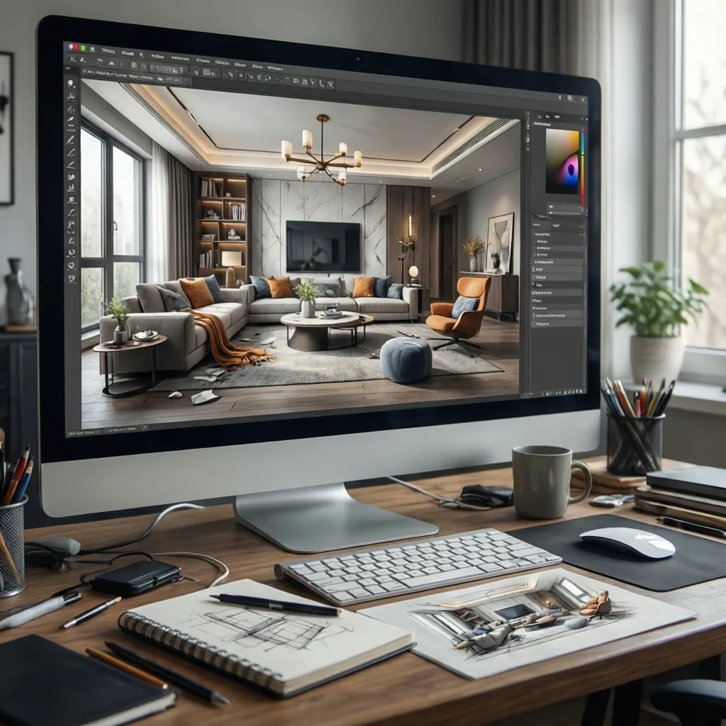 Computer screen showing interior design software for modern living room with sofa and ceiling light