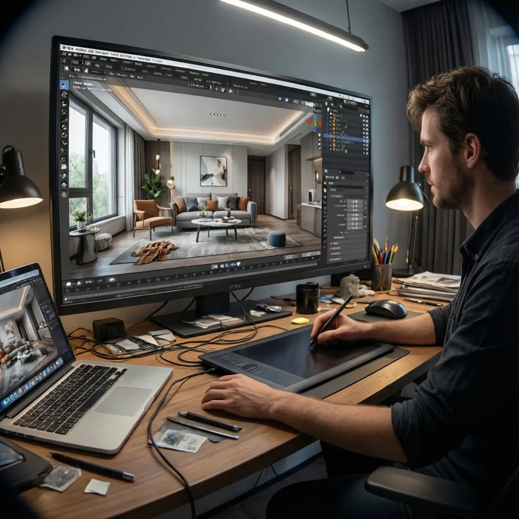 Designer using a drawing tablet to create a living room interior design on a computer