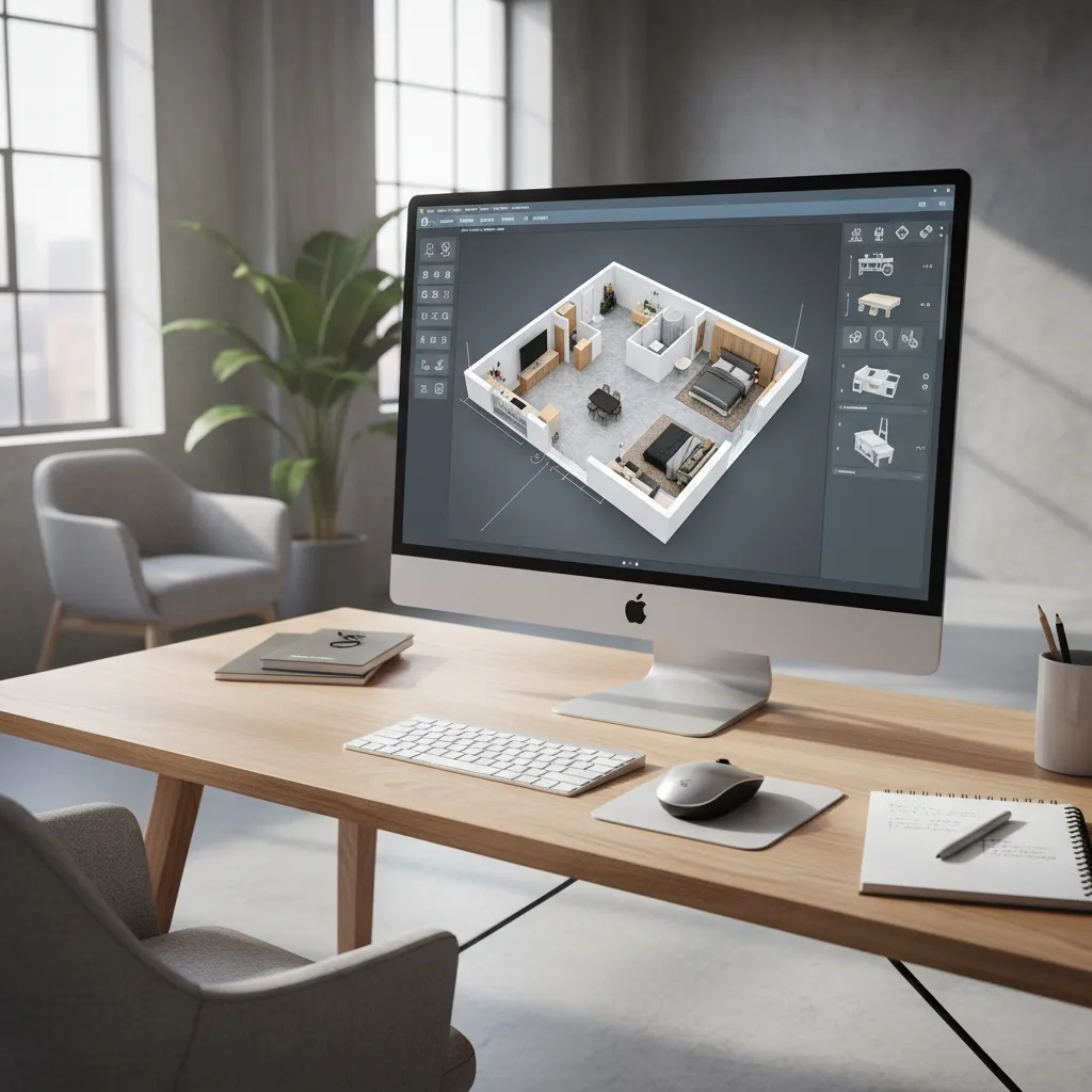 pantalla mostrando plano de vivienda en 3D usado para diseño interior