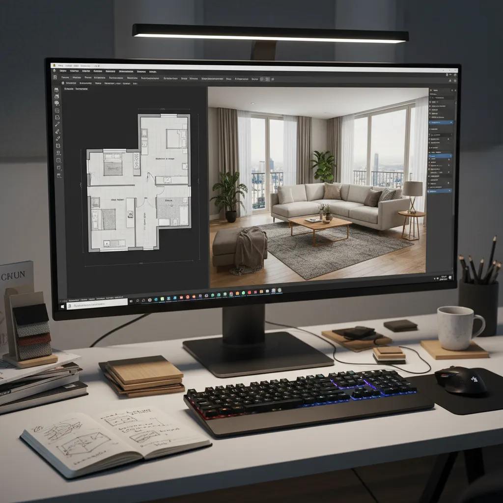 Desktop computer monitor displaying 3D interior design drawing next to room layout on white desk